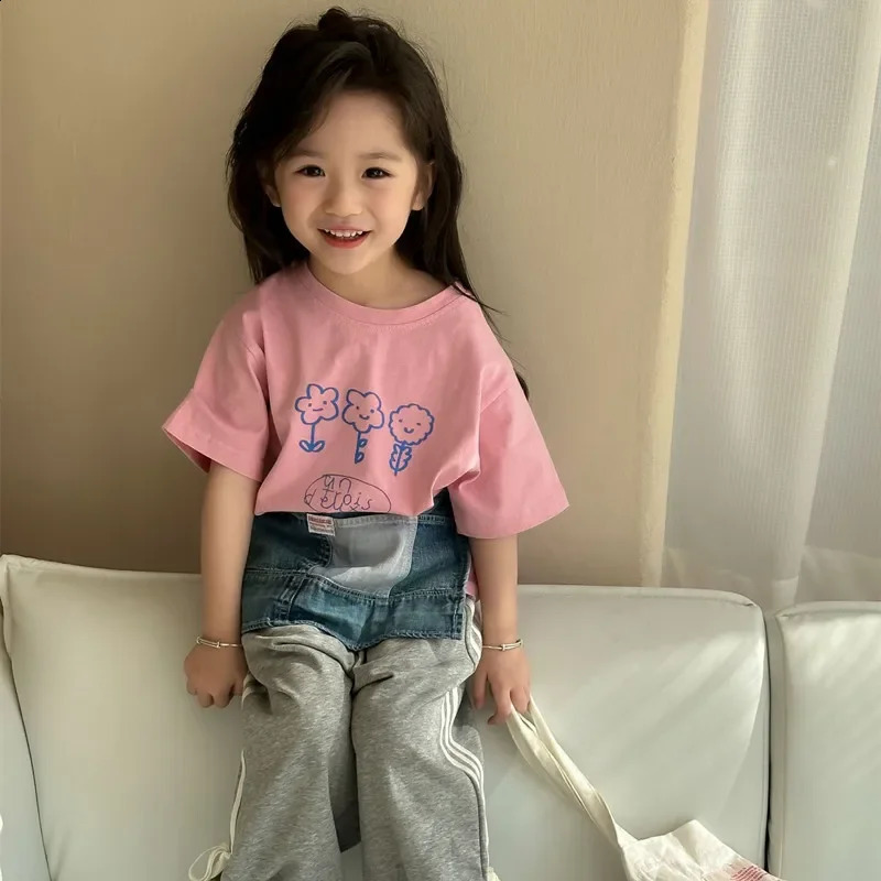 Summer Kids T-shirts cartoon flowers printed short sleeve Girls Tees Little Princess cotton loose Tops 250207