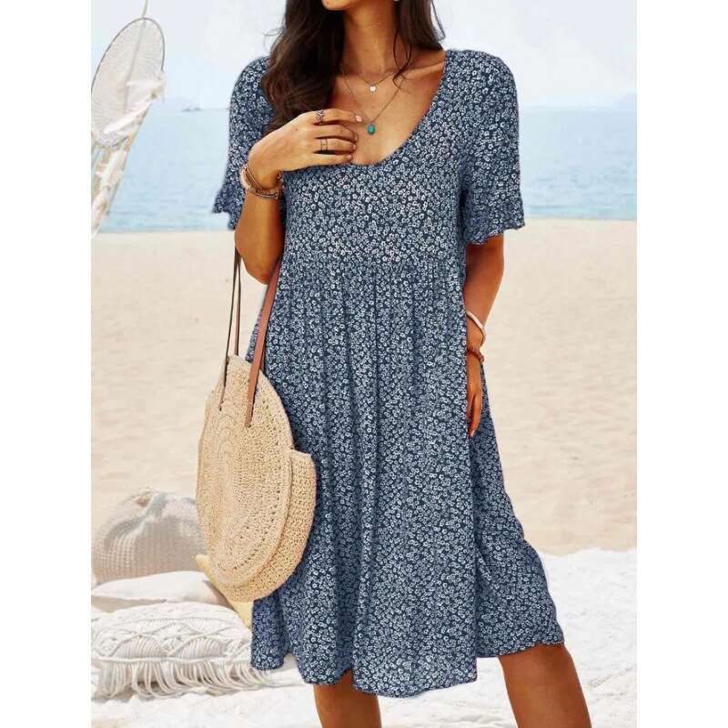 European American pullover print medium long, urban casual retro women's short sleeved dress 2024 new style chic and elegant clothing