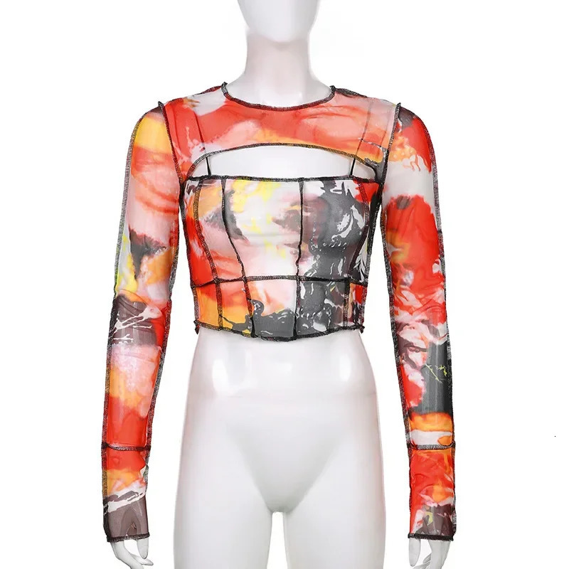 Hollow Out T Shirts Women Mesh Crop Top Vintage Y2k Streetwear 2000s Aesthetic Autumn Print Long Sleeve T-Shirt Sexy Women Tees 250206
