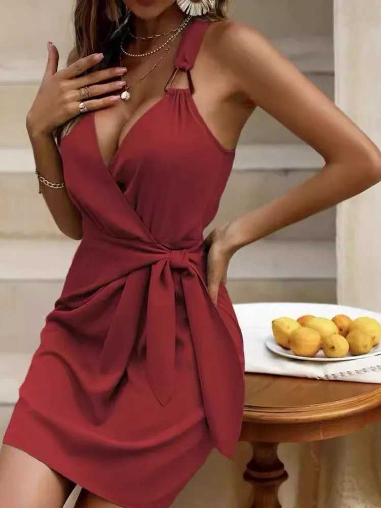 Summer New Womens Fashion Solid Color Sexy Sveless Strap Deep V-Strap Elastic Waist Casual Comfortable DressXJ2500207