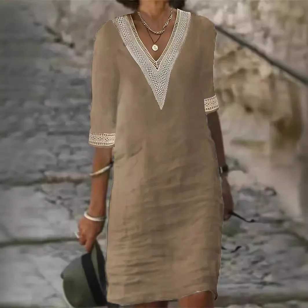 Womens Casual Midi Dresses 2025 Spring/summer Lace Cotton Linen White Dress Robes Vestido Branco Vestidos De jerXJ2500207