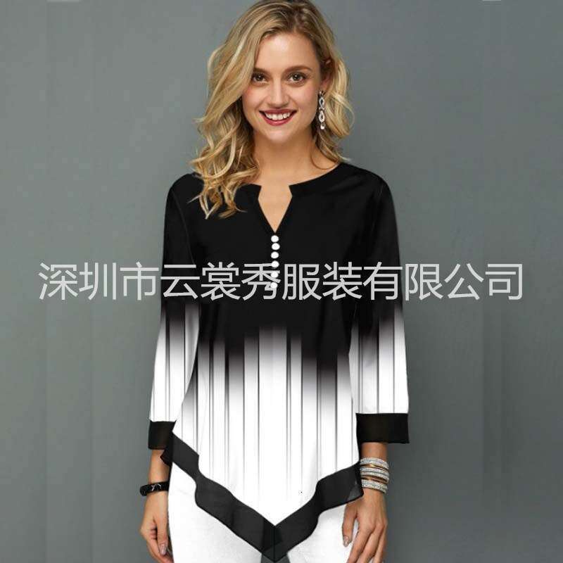 3D positioning printed street trendsetter V-neck irregular hem loose T-shirt 2024 new casual versatile fashion clothing