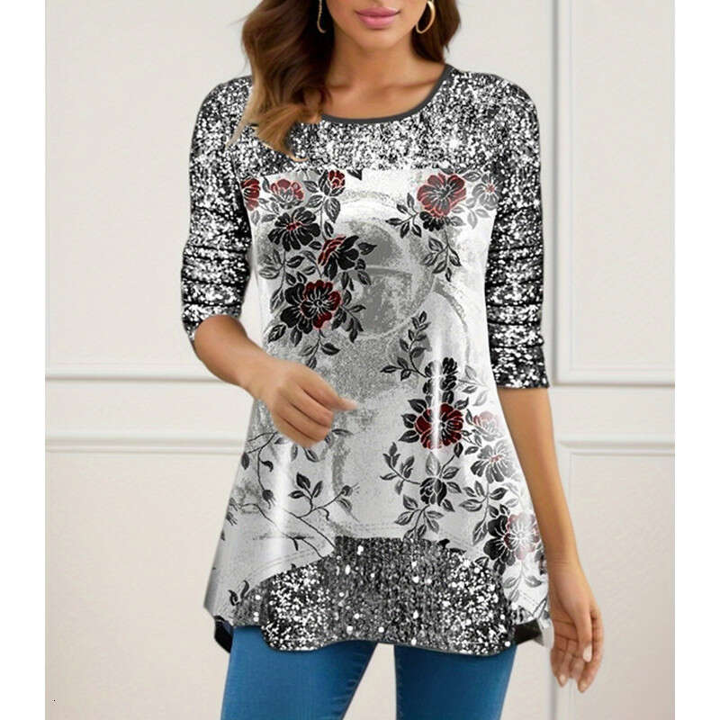 New European American popular women's tops for autumn winter, fashionable printed round neck T-shirt, 2024 new style, chic and elegant clothing