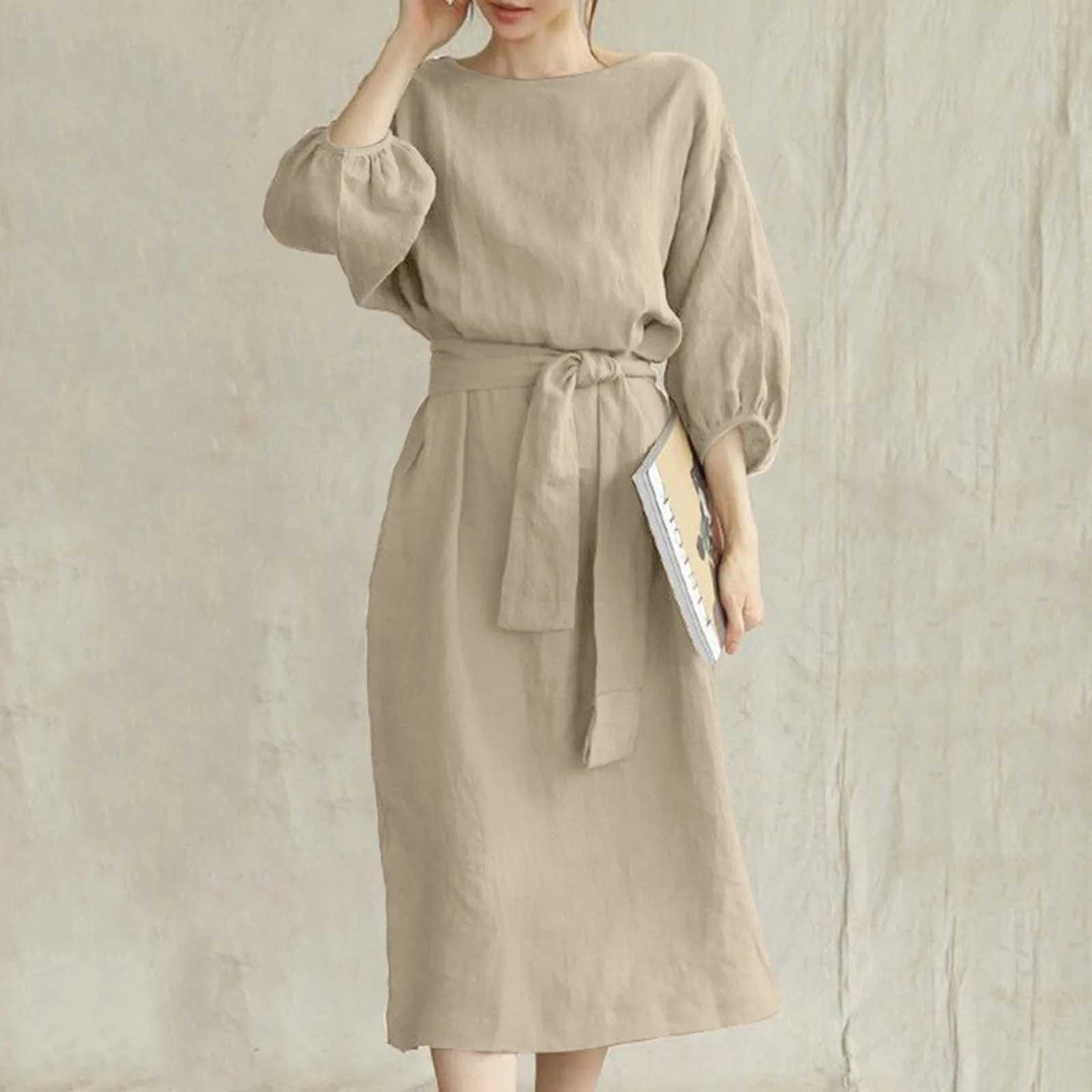 Cotton Linen Dresses WomenS Vintage Long Sve High Waisted Tied Solid Color Round Neck Dress Ele Vestidos For WomenXJ2500207