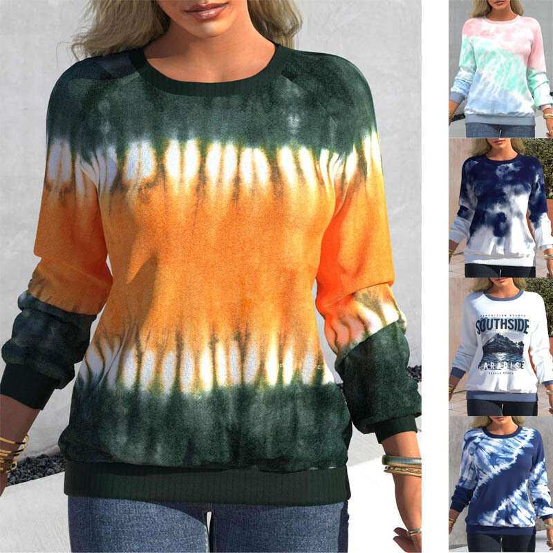European and American autumn women's tie dye printed top, round neck, shoulder lenth, lon sleeved, casual, wide elastic, 2024 new casual fashion 
