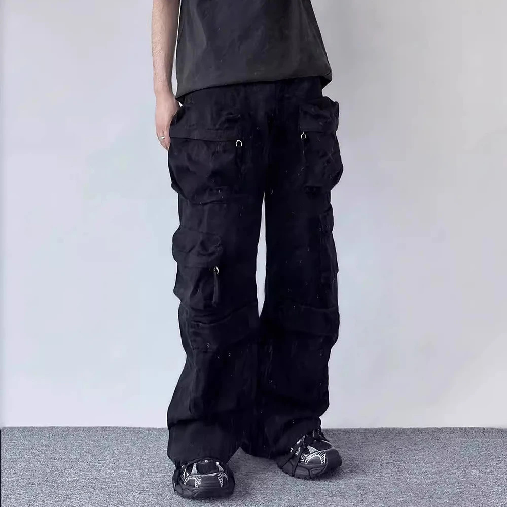 Y2k Multi-pockets Straight Baggy Cargo Pants for Men Pantalones Hombre Black Overalls Streetwear Loose Casual Trousers Oversized 250206