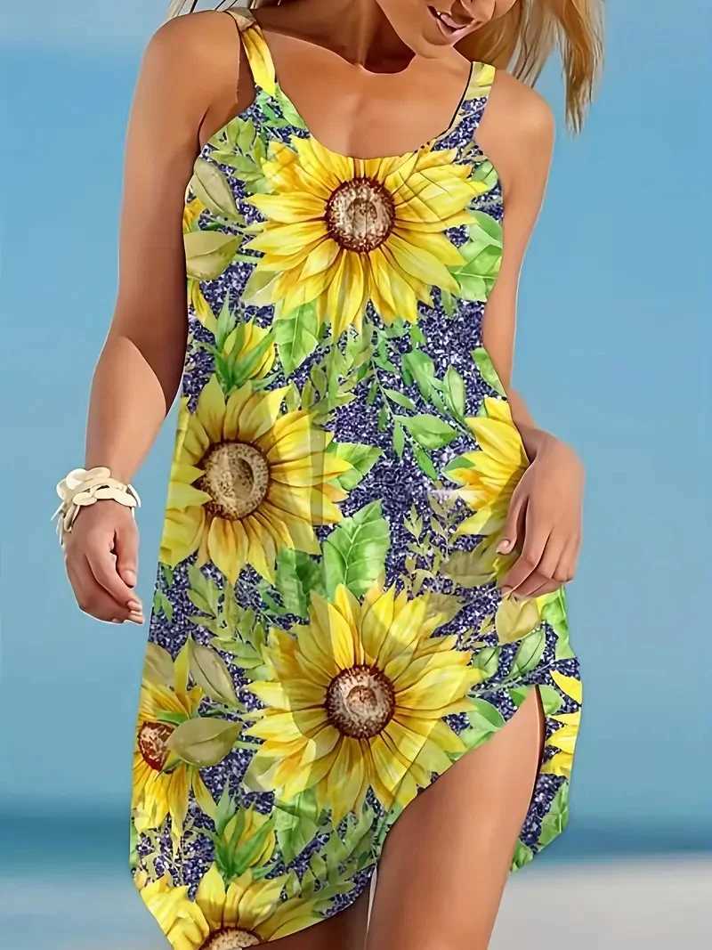 Simple And Fresh Daisy Flower Print Pattern Sveless Vest Dress Summer European And American Style Sveless Suspender SkirtXJ2500207