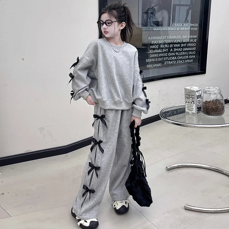 Girls Sports Set 2025 Spring Bow Sweatshirt Wide Leg Pants 2pcs Teen School Kids Clothes Pink Grey Casual Daily Children Costume 250117