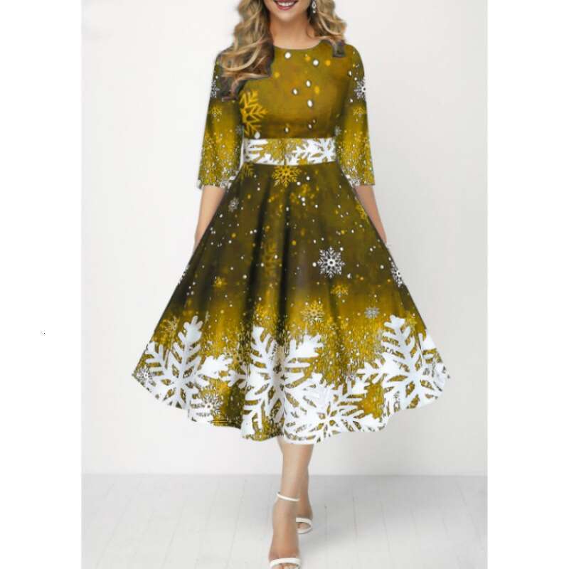 Christmas style European and American women's fashion personality snowflake digital printing mid sleeve waist cinched dress 2024 temperament vers