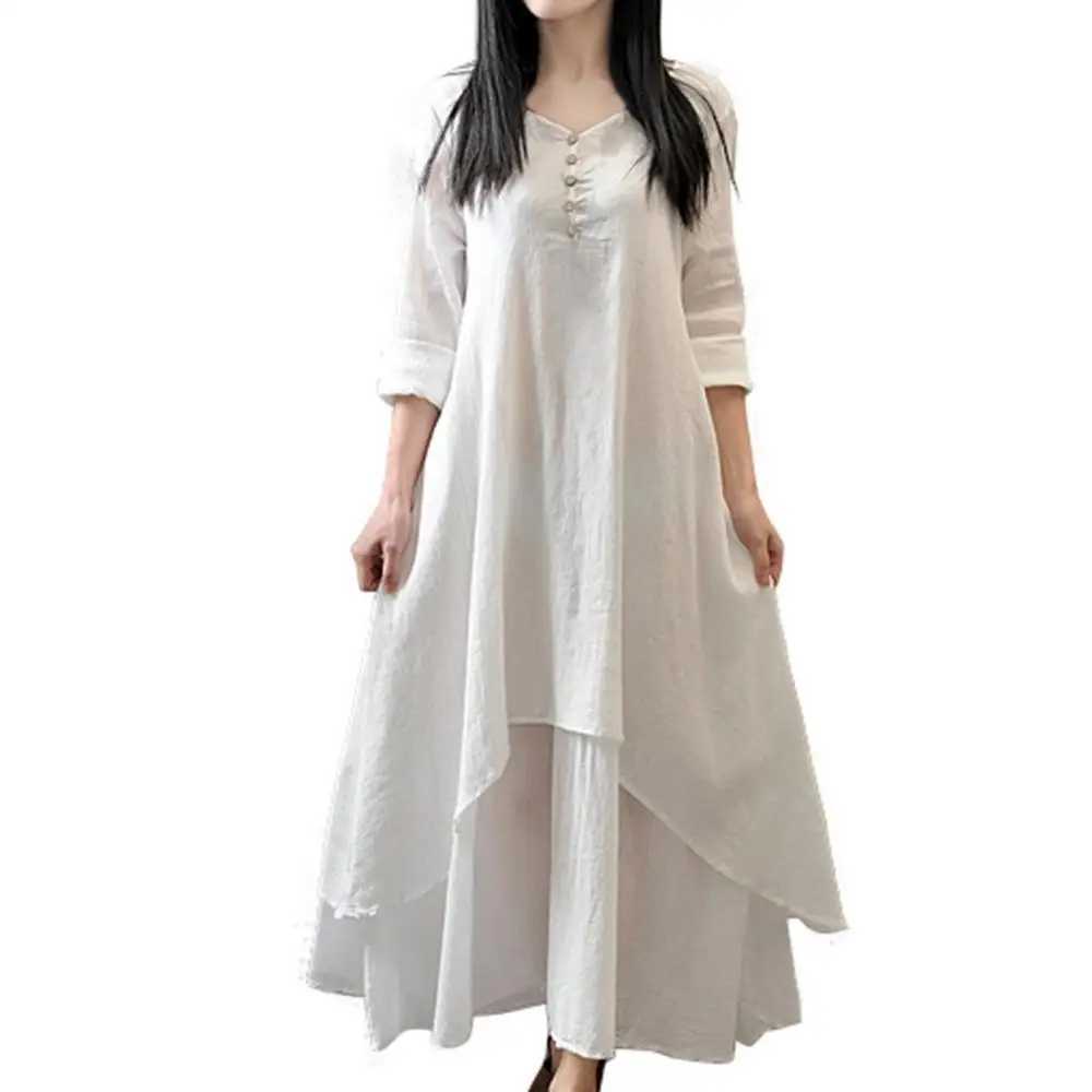 2024 New Spring Summer Bohemia Irregular Button Women Ele Pocket Dress Korean V-Neck Short Sve Loose Solid Midi DressesXJ2500207