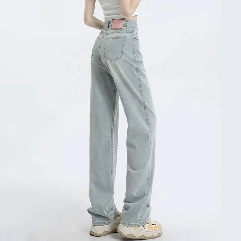 Woman Fashion Loosefit Wide Leg Casual Jeans Girls Basic High Waist Straight Pants Female Simple Light Blue Denim Trousers 250206