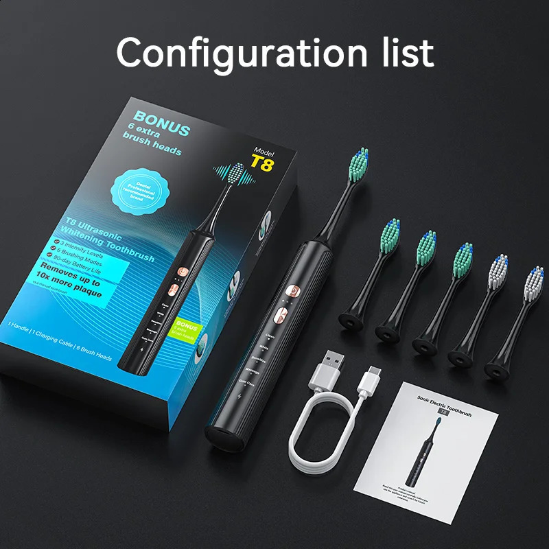 Electric Toothbrush With 6 Brush Heads For Teeth Brushes Vibration Dental Tooth Whitening Cleaner USB Rechargeable Oral Care 250206