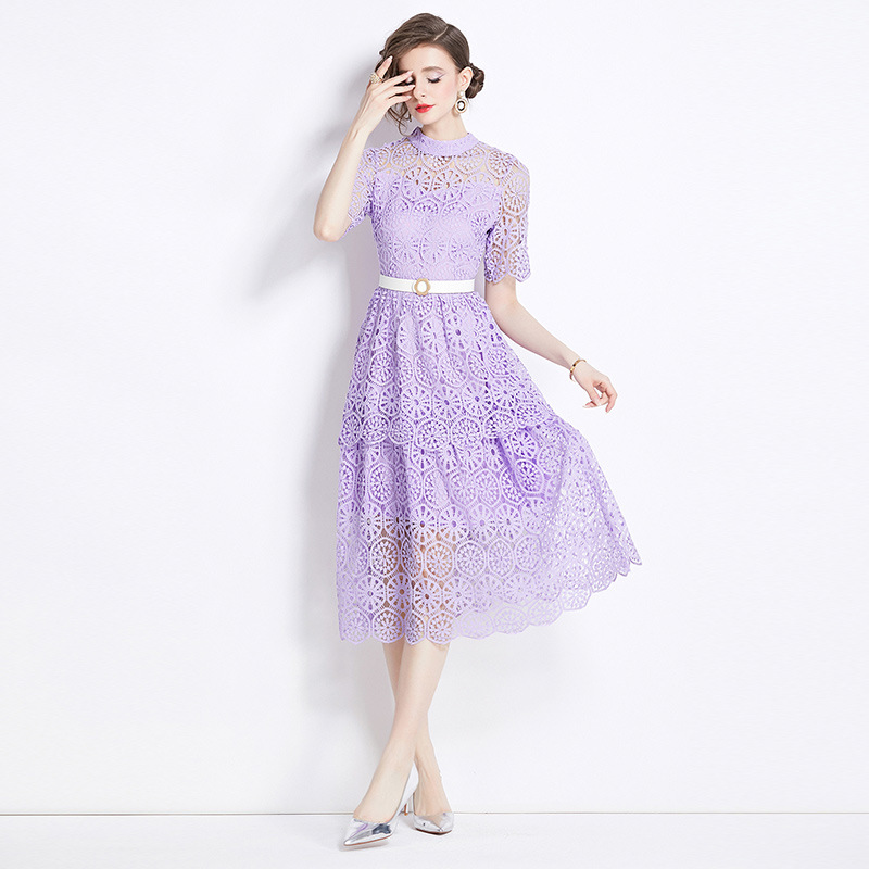 L3135 New embroidered water-soluble lace dress Stand-up collar hollow purple skirt summer female high-end feeling