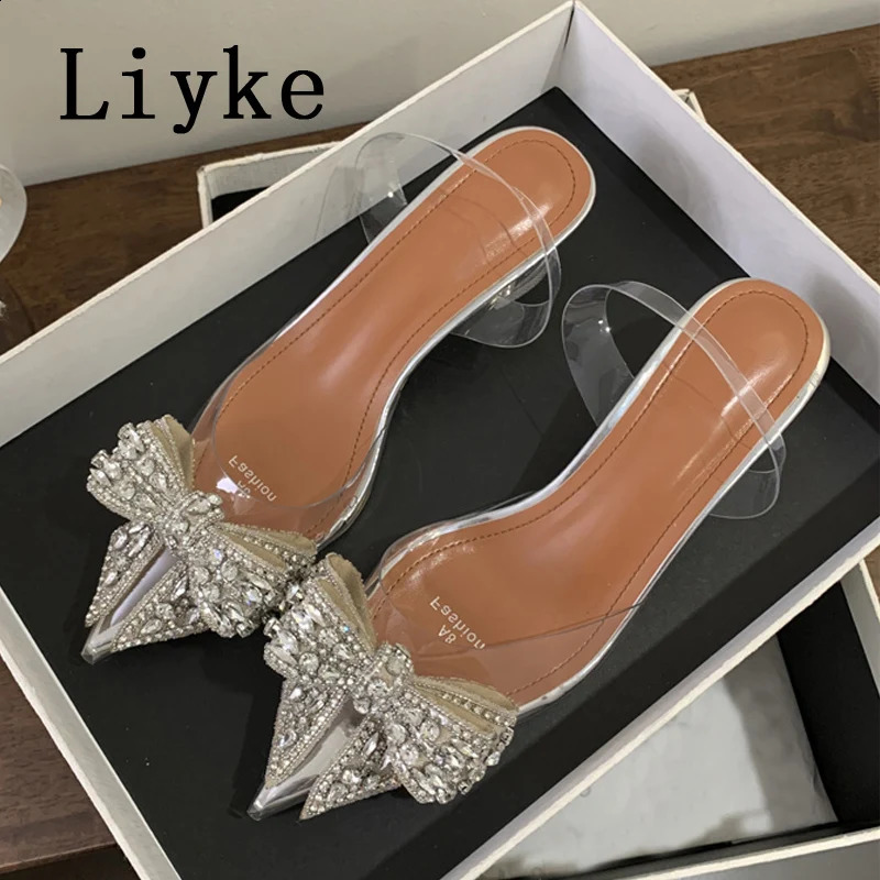Liyke Fashion Crystal Bowknot Women Pumps Sexy Pointed Toe Clear High Heels Wedding Prom Shoes PVC Transparent Sandals 250206