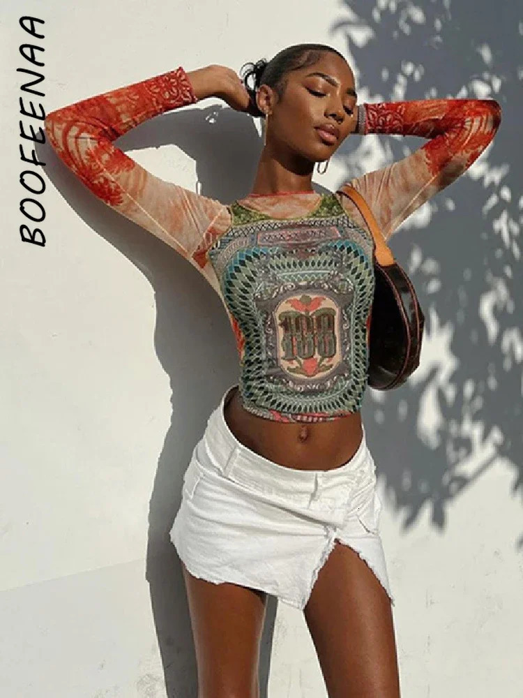 BOOFEENAA Stylish Print Mesh Long Sleeve Crop Tops Vintage Y2k Streetwear Graphic T Shirts Fall Trending Clothes C87-AI12 250206