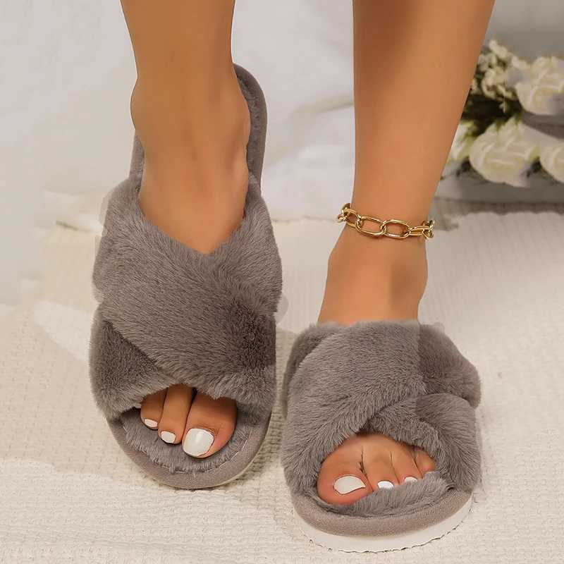Cross Warm Fluffy Furry Slippers Women Lightweight Flat Heels Fur Slides Woman Autumn Winter Open Toe N Slip Home Floor ShoesXJ250207