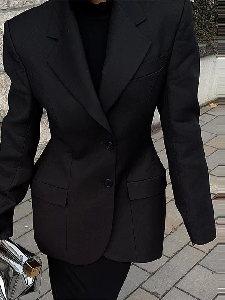 Waist Cinched Suit Coat Jacket V-Neck Single Breasted Commuting Solid Color Overcoat Women Pockets Outwear Top Formal Attire