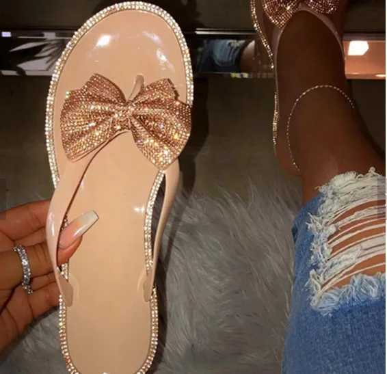 2024 Spring/summer new large size flip flops women bow knot rhines outdoor leisure beach flat home sandals/slippersXJ250207