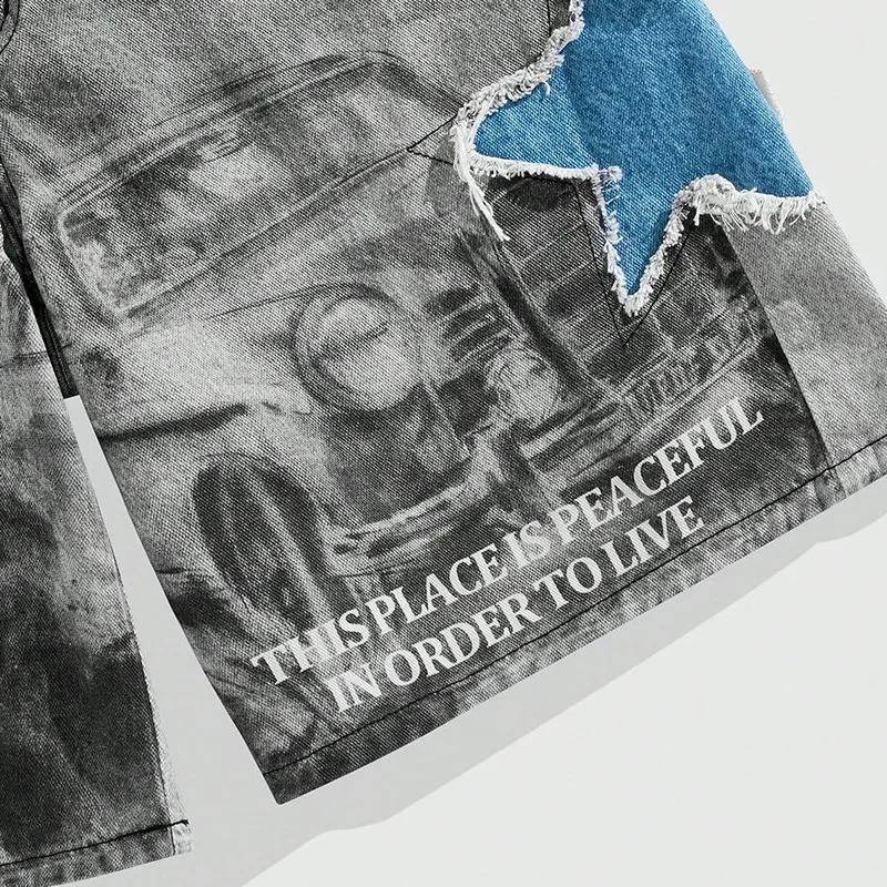 Mens European and American Street Fashion Denim Shorts with Patchwork Pentagram Print Trendy Allmatch 250120