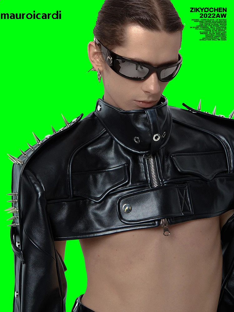 Mauroicardi Spring Autumn Cool Handsome Black Cropped Pu Leather Jacket Men Rivet Zip Up Runway Punk Style European Fashion 250206