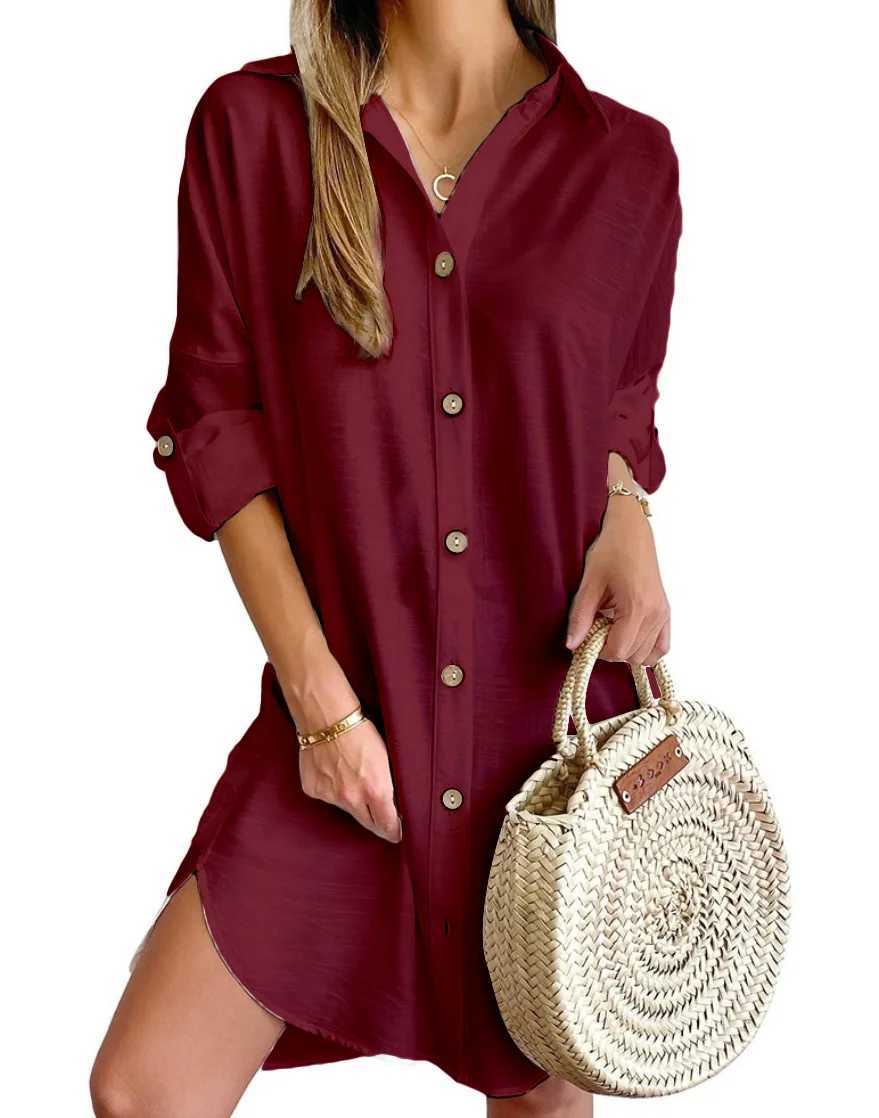 Womens Solid Color Dress 2024 Spring Summer Comting Style Casual Long Sve Button Up Shirt Dress Fashion Mini DressXJ2500207