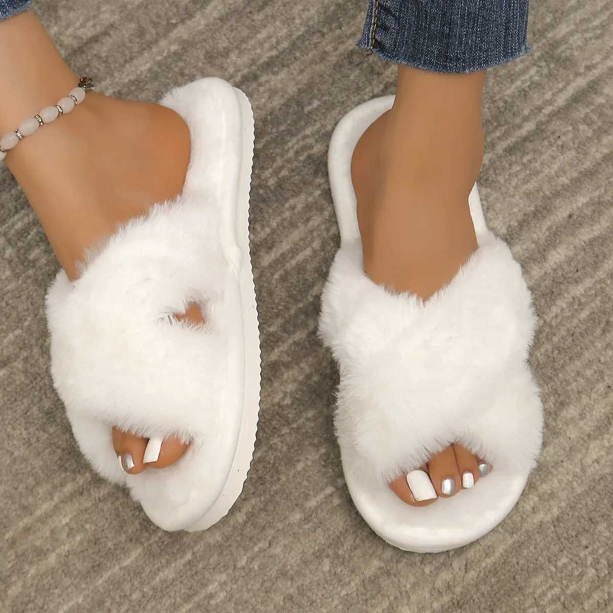 Winter Slipper Women Cross Belt Home Indoor Casual Slippers Female Flip Flops Fluffy Shoes Slides Ladies Soft Warm Plush SlipperXJ250207