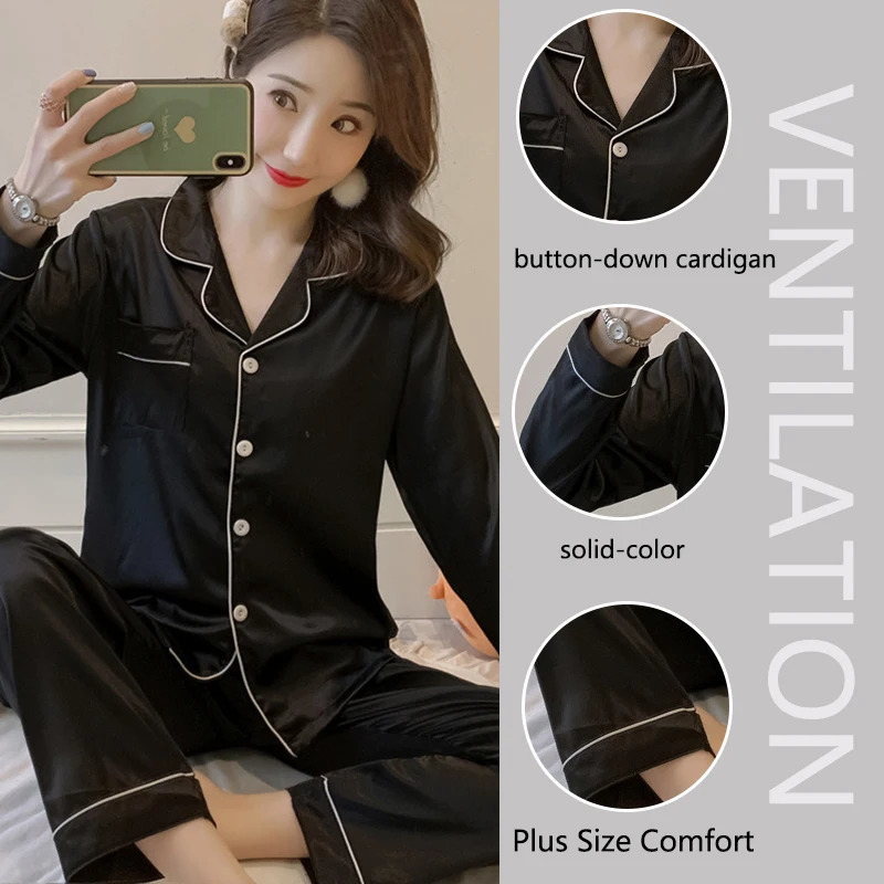 2PCSSet Large Size Autumn Winter Ladies Long-Sleeved Pajamas Ice Silk Solid Korean Women Casual Cardigan Outside the Homewear 250207