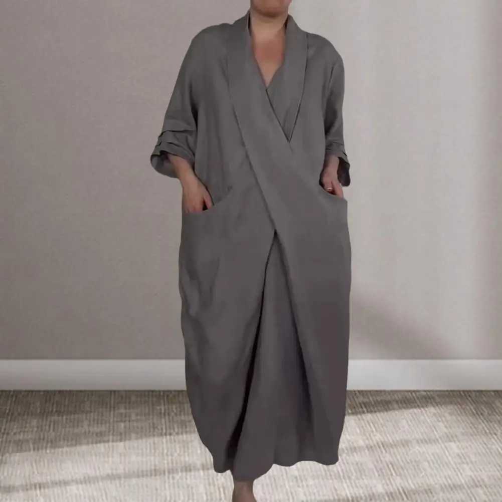Spring Fall Maxi Dress Robe Baggy Cross V Neck Solid Color Large Pocket Retro A-line Bohemian Maxi Dress Casual Party Travel DreXJ2500207