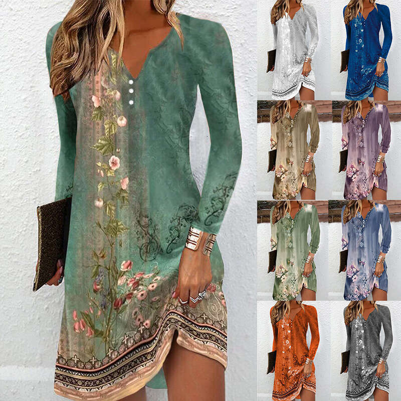 hot autumn long sleeved V-neck button irregular dress for women's clothing, 2024 new style, chic and elegant clothing