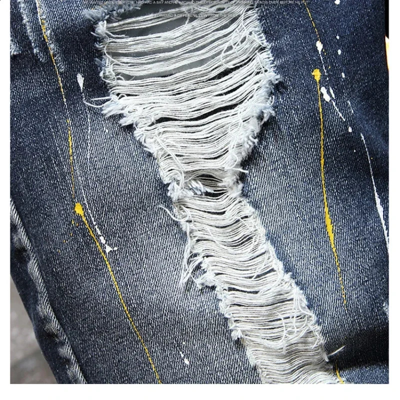 Summer Mens Jeans Trend Beggar Quarter Pants Ripped Denim Shorts Loose Straight Painted 250206