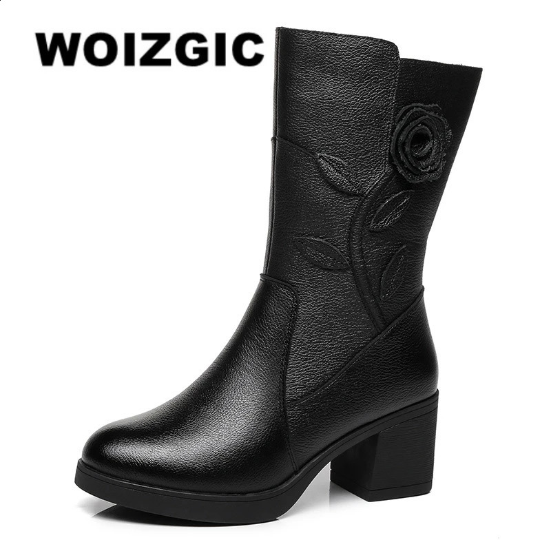 WOIZGIC Womens Female Ladies Mother Genuine Leather Mid Calf Boots Shoes Warm Fur Plush Winter Zipper Flower Commute NonSlip 250118