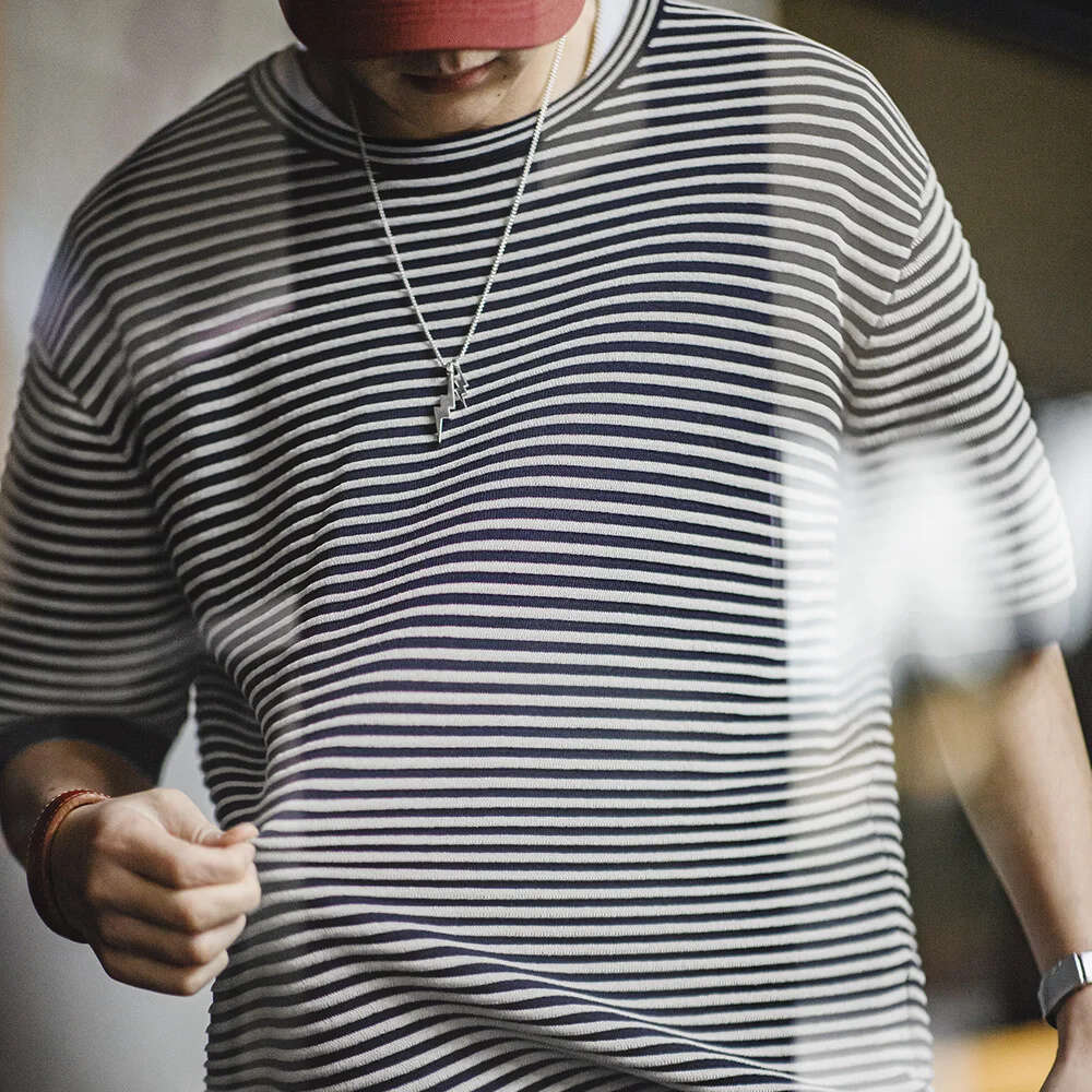 Maden Blue And White Striped Contrasting Color Short Sleeve For Men Summer O-Neck T-Shirt Men's Casual Knit Shirt Plus Size Tees