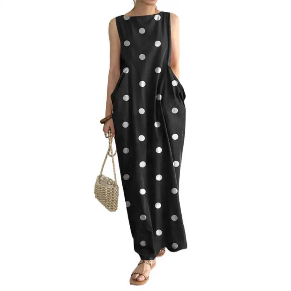 Loose Maxi Dress Summer Maxi Dress with Dot Print O Neck Big Pockets for Women Soft Ankle Length BeachXJ2500207