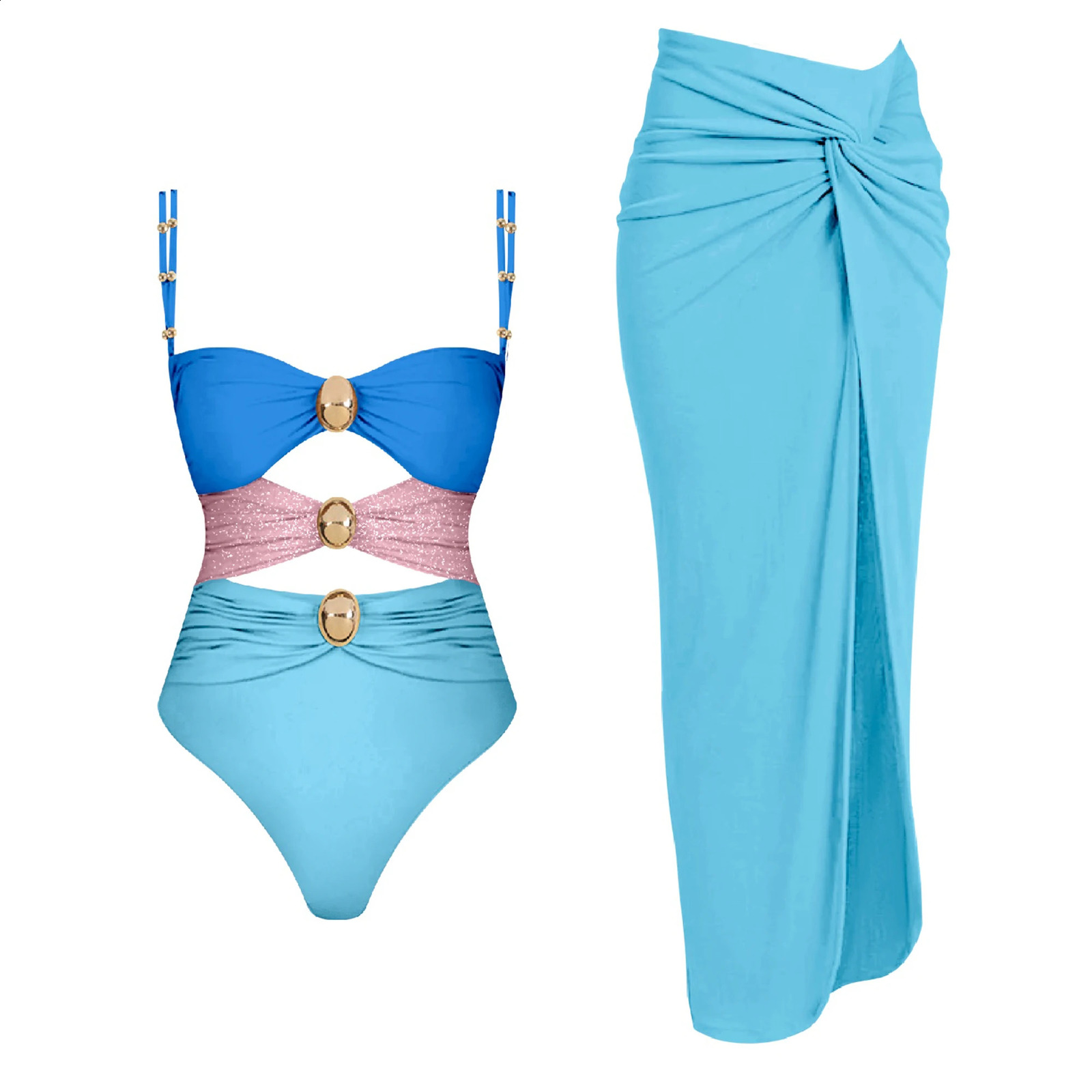 2024 Cut Out One Piece Swimsuit with Skirt Women Hollowen Swimwear Monokini Patchwork Bodysuit Bathing Suit Beach Wear 250207