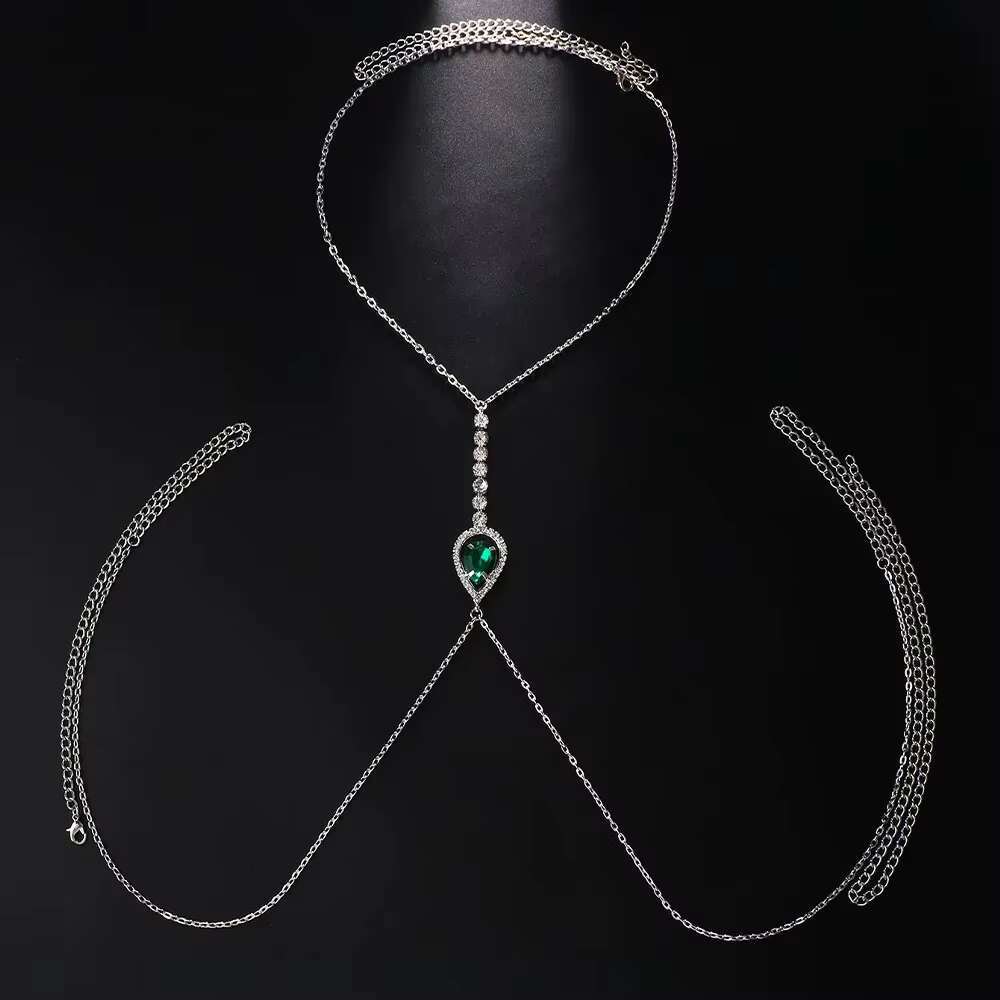 Fashion Green Crystal Chest Rhie Bikini Harness Women Sexy Body Jewelry Bra Chain gerie Accessories Decor