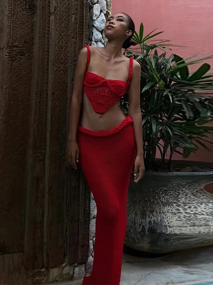 Knitted Bra Top Skirt Sets Women Sexy Sleeveless Crop Tops Hip Package Long Split Skirts Casual Spring Holiday Beach Ladies Suit 250206