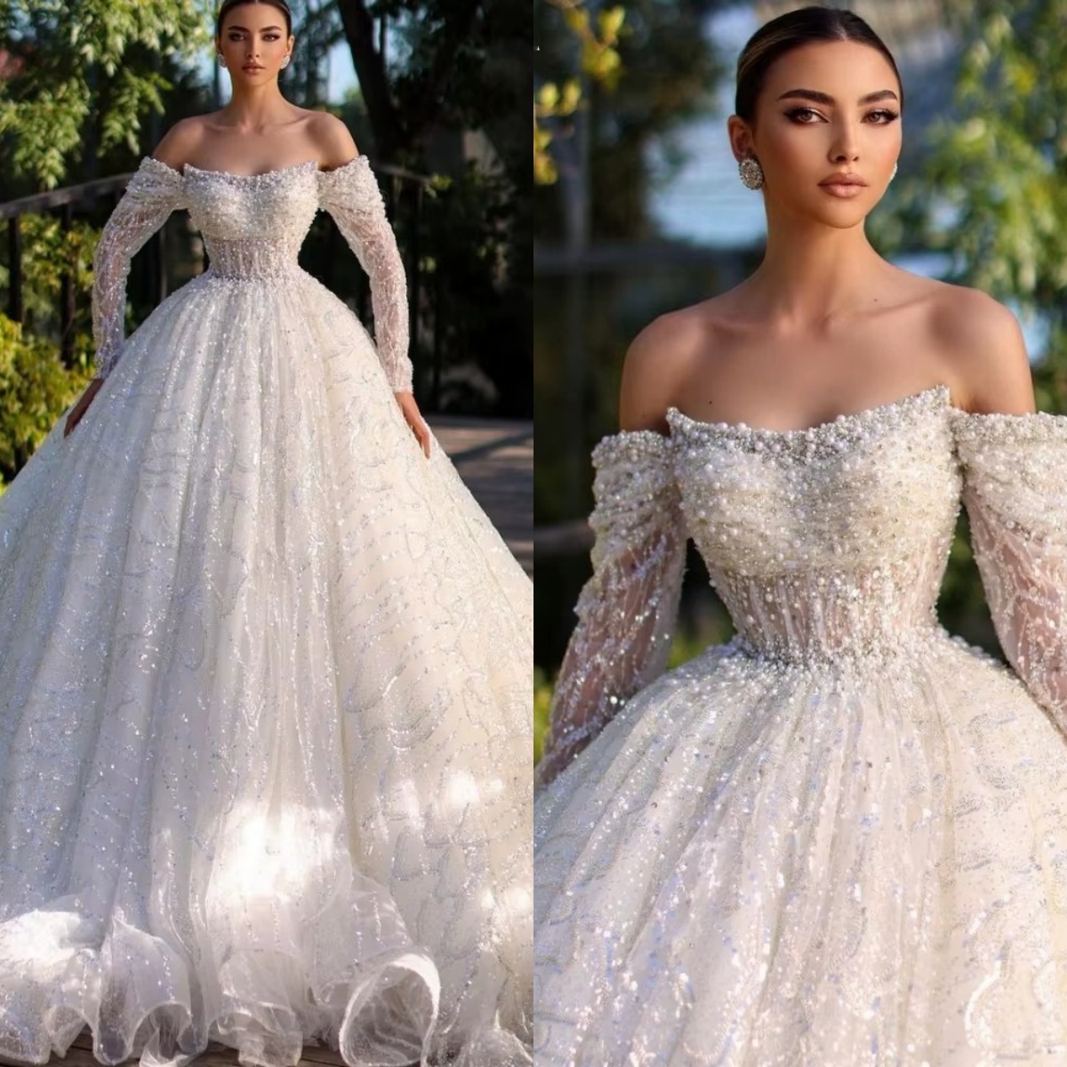 Elegant Women Wedding Off Shoulder Long Sleeves Bridal Gowns Sequins Pearls Sweep Train Dress Custom Made vestidos de novia