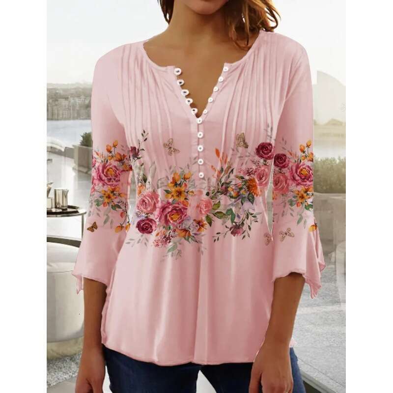 European and American Spring/Summer Women's wer Printed V-neck Short Sleeve Folded Button T-shirt Bottom Shirt 2024 New Casual Versatile Fashion 