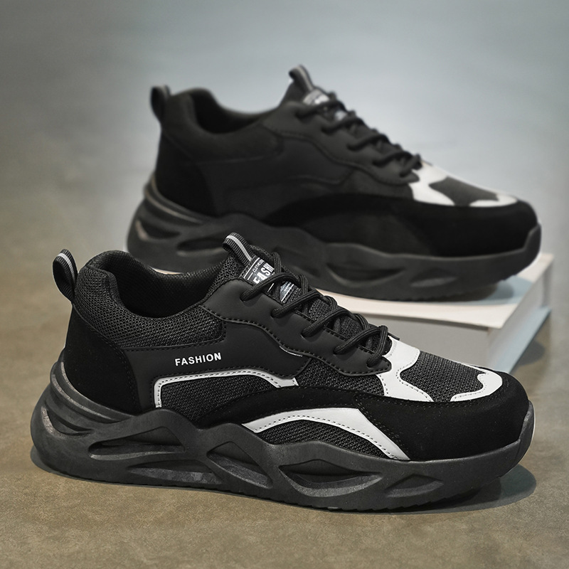 Men Sports Shoes Thick Sole Simple Casual Style Versatile Mesh Breathable Triple Black Grey fashion