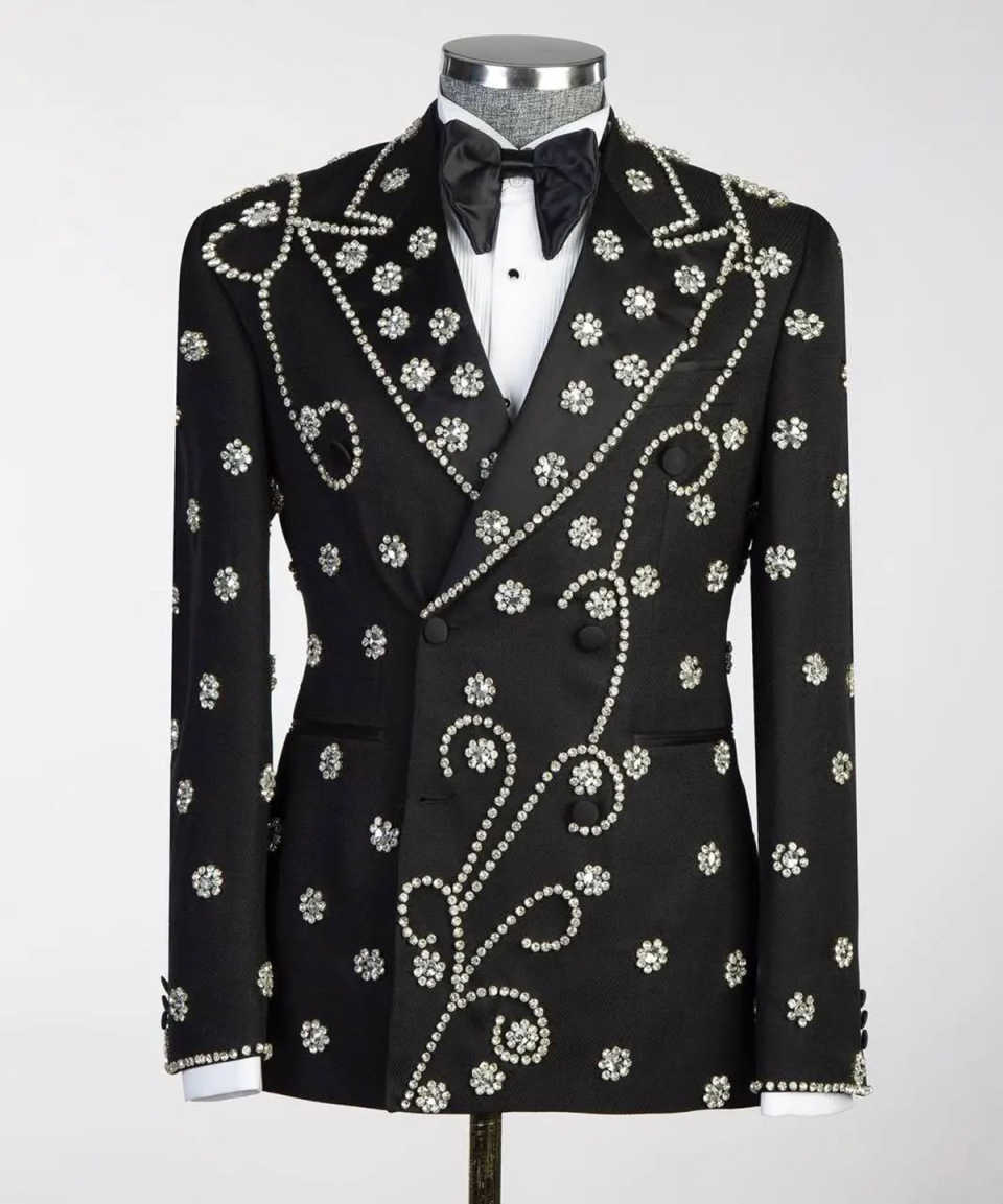 Luxury Wedding Tuxedos Beading Flowers Double Breasted Men Suit Peaked Lapel 1 Piece Set Jacket Groom Blazers Customized