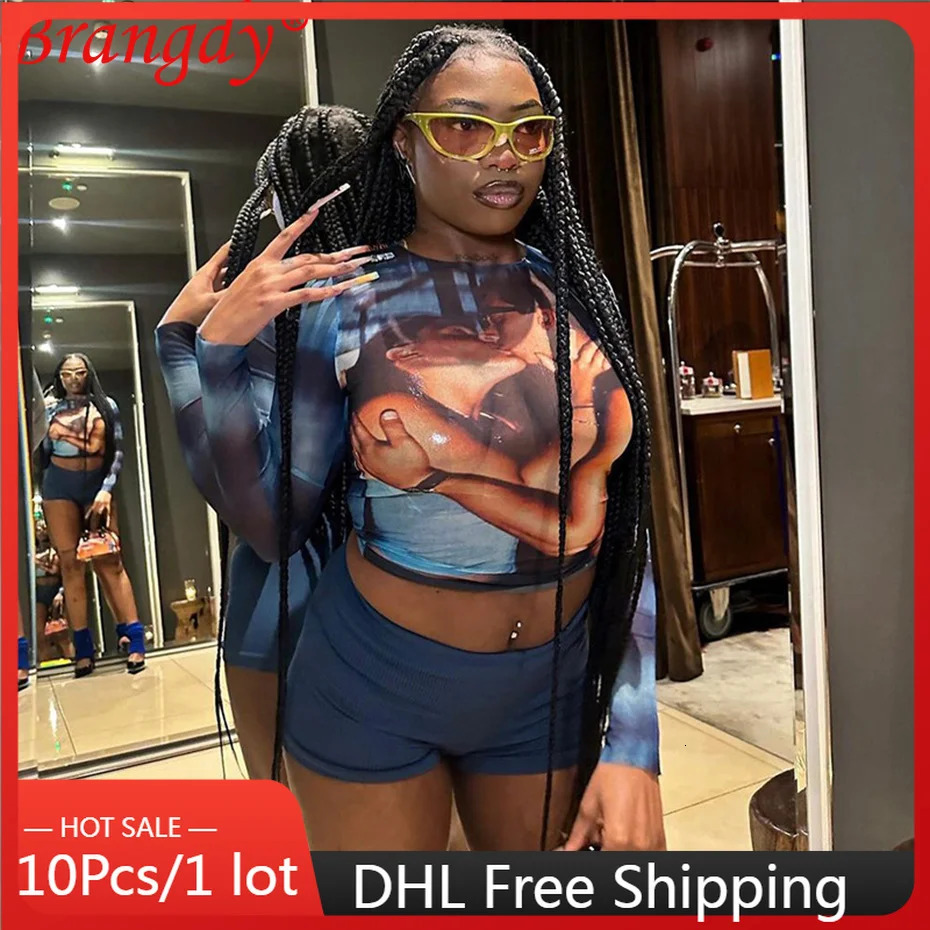 10pcs Bulk Items Wholesale Printed Sexy Mesh See Through Crop Top Women Clothing Fall Long Sleeve T Shirt Tops Y2k B12837 250206