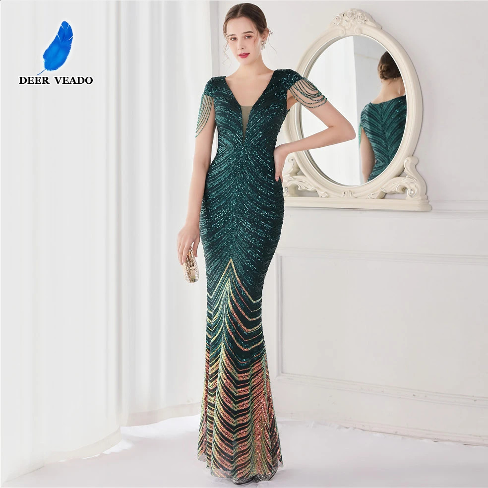 DEERVEADO Elegant V Neck Mermaid Evening Dress Long Beads Women Evening Party Dresses Formal Dress 19085 250114