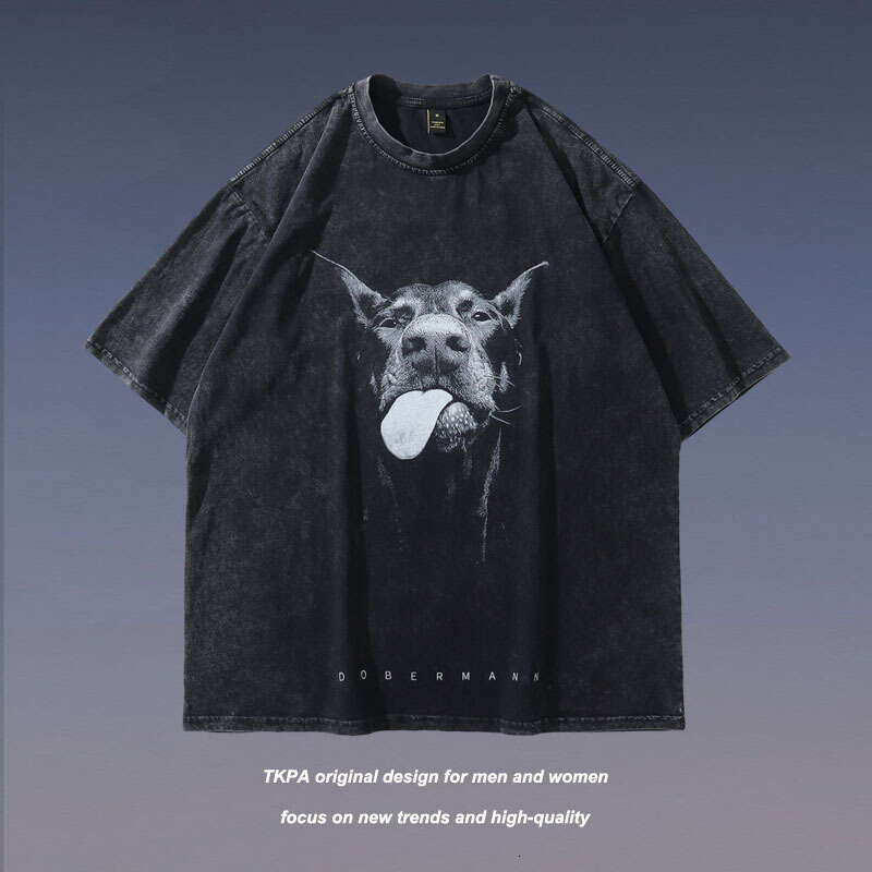 TKPA Doberman Print Wash Vintage High Fashion Brand Loose Round Neck Short Sleeve T-shirt for Men and Women Street