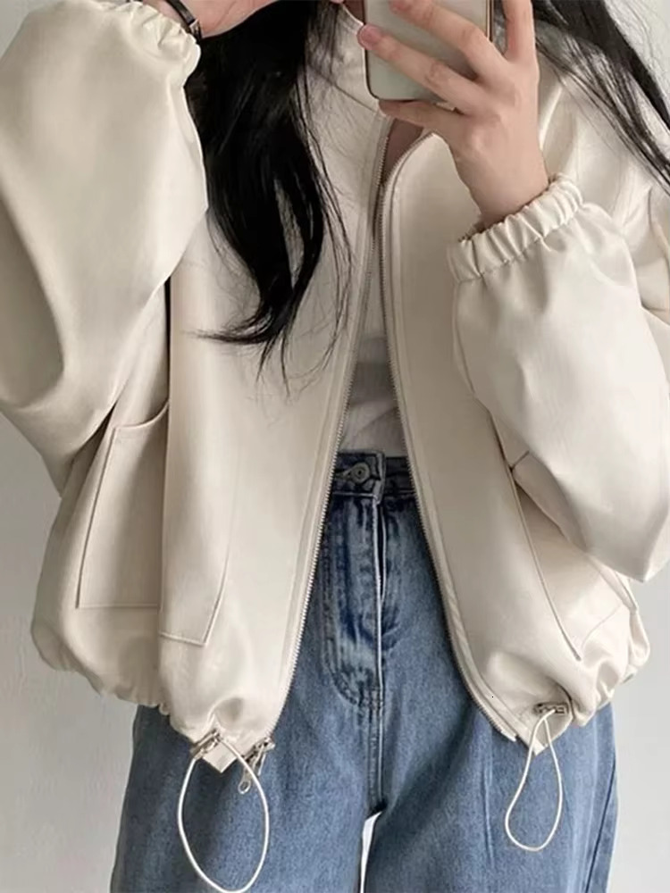 PU Leather Jacket Women Y2k Street Fashion Zipper Loose Female Crop 2025 Spring Long Sleeve Stand Neck Moto Biker Lady Coat