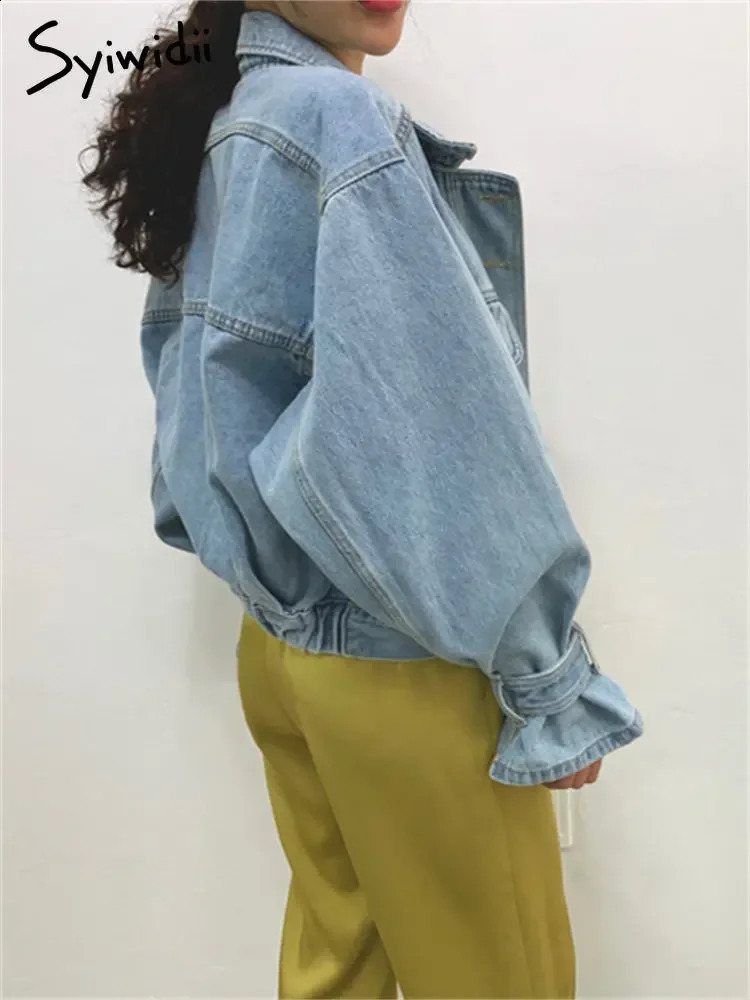 Syiwidii Denim Jacket for Women Loose Single Breasted Turn Down Collar Puff Sleeve Jean Jacket Vintage Korean Fashion Crop Coat 250121