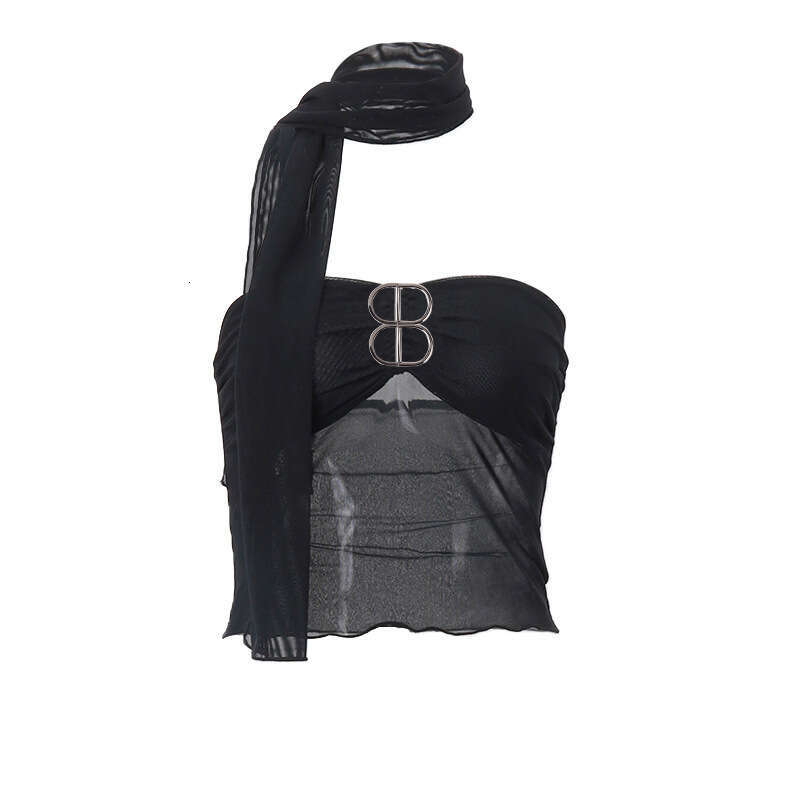 INS Europe and America 2025 summer hot sexy spicy girl one shoulder mesh wrapped chest slimming short vest women's new casual fashion trend cloth