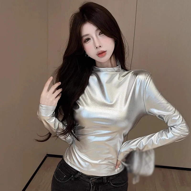 Long Sleeve T-Shirt Top Silver Women Y2K Glossy Half-Height Neck Base Shirt Slim Fitting Sexy Street Style Street Style Spring 250206