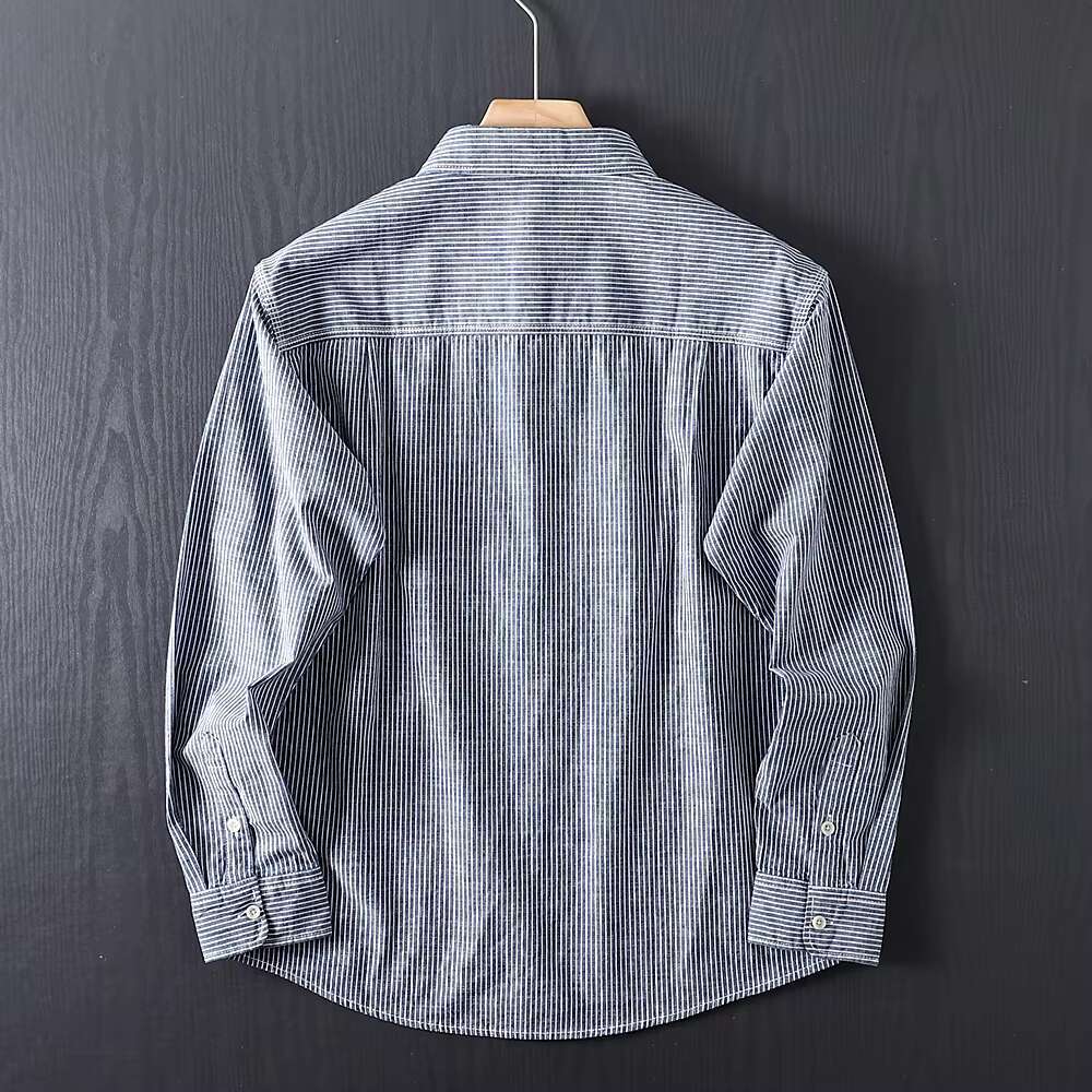 Men's Autumn Pure Cotton Fashionable Loose Striped Long Sleeved Shirt Outdoor Trekking Hiking Climbing Camping Workwear Blouse