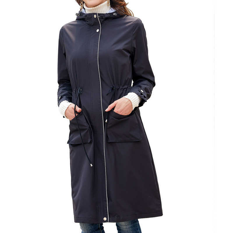 European Spring Autumn Long Casual Windbreaker WoMens Splash-proof Hooded Solid Color Striped Lining Straight Jacket Womens Long Trench Coat Womens Ja