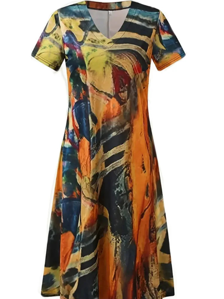 Plus Size 2023 Summer Loose Dress Sexy V Neck Printed High Waist Evening Party Short Sleeve 250206